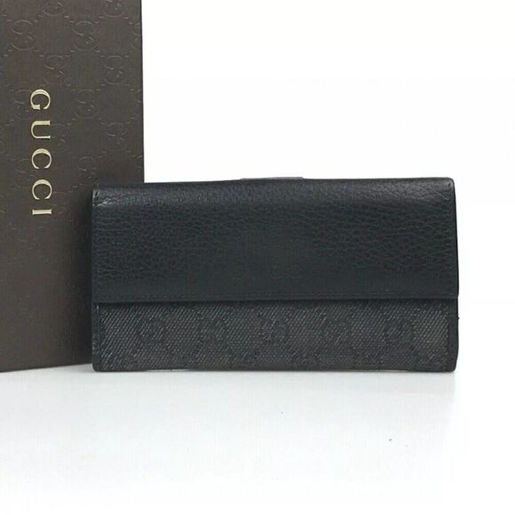 GUCCI WALLET BI FOLD 143389 0959 GG CANVAS Black Leather Authentic - Picture 1 of 11